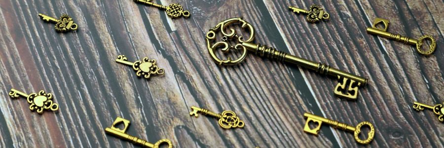 silver and gold skeleton key on wooden surface
